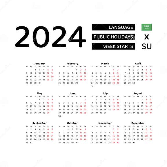 Calendar 2024 English Language with Saudi Arabia Public Holidays. Stock