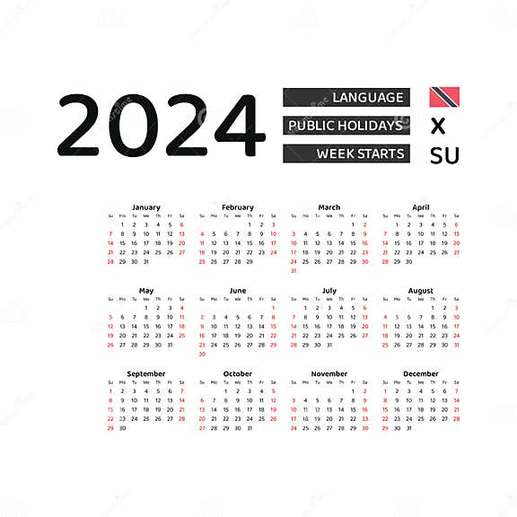Calendar 2024 English Language with Trinidad and Tobago Public Holidays