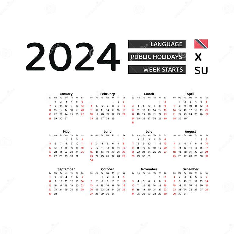 Calendar 2024 English Language with Trinidad and Tobago Public Holidays