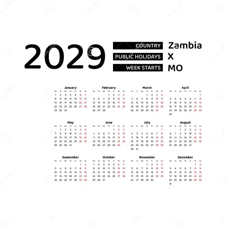 Calendar 2029 English Language with Zambia Public Holidays. Stock Vector Illustration of