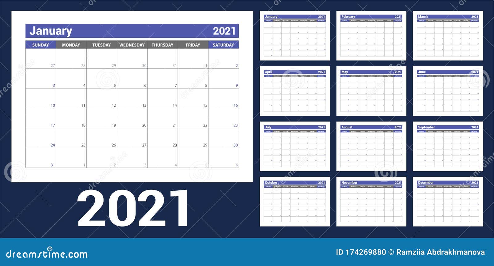 2021 Calendar English Planner Сolor Vector Template Week Starts On