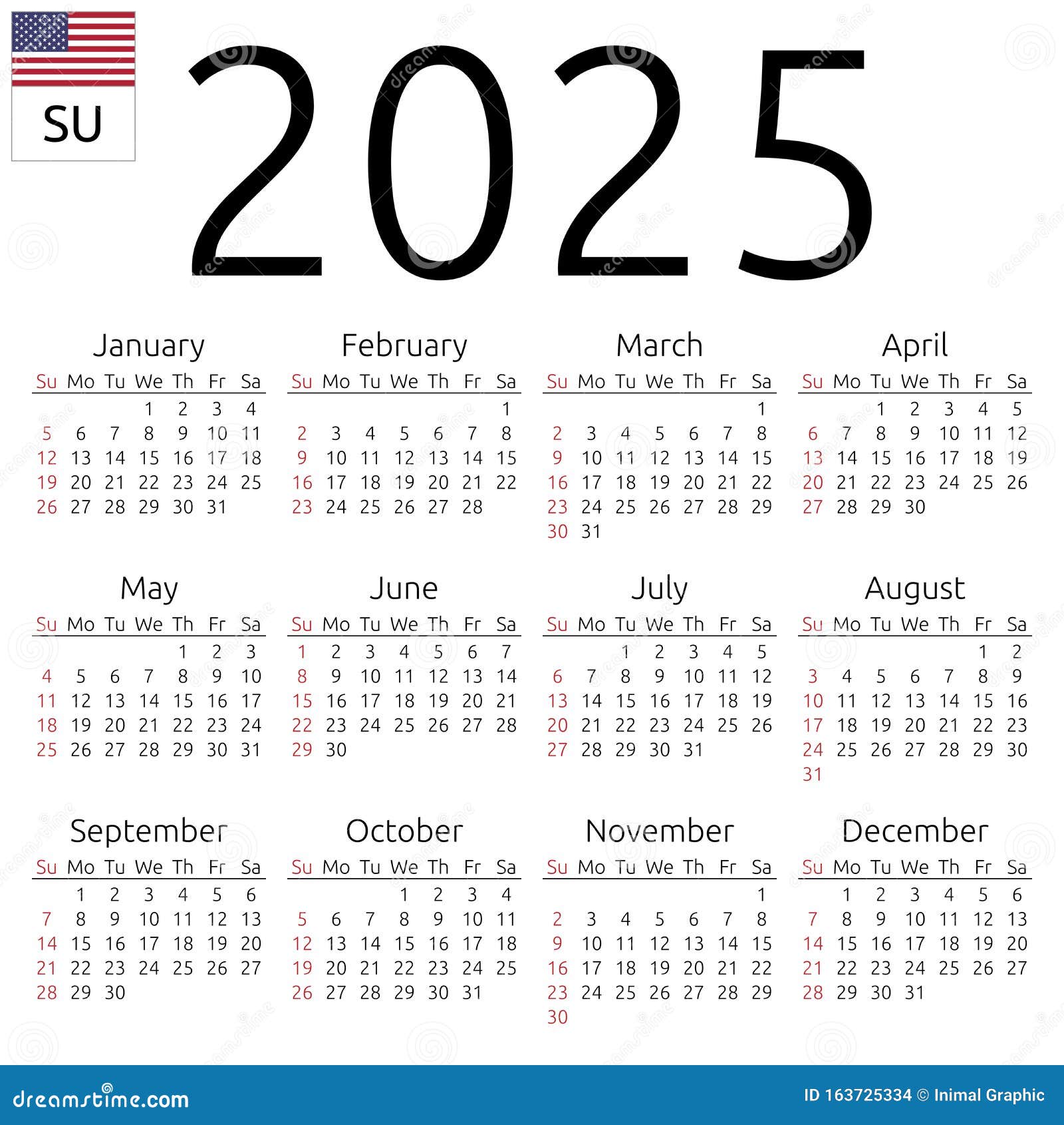Calendar 2025, English, Sunday Stock Vector Illustration of clean Calendar 2025 English Pdf Download