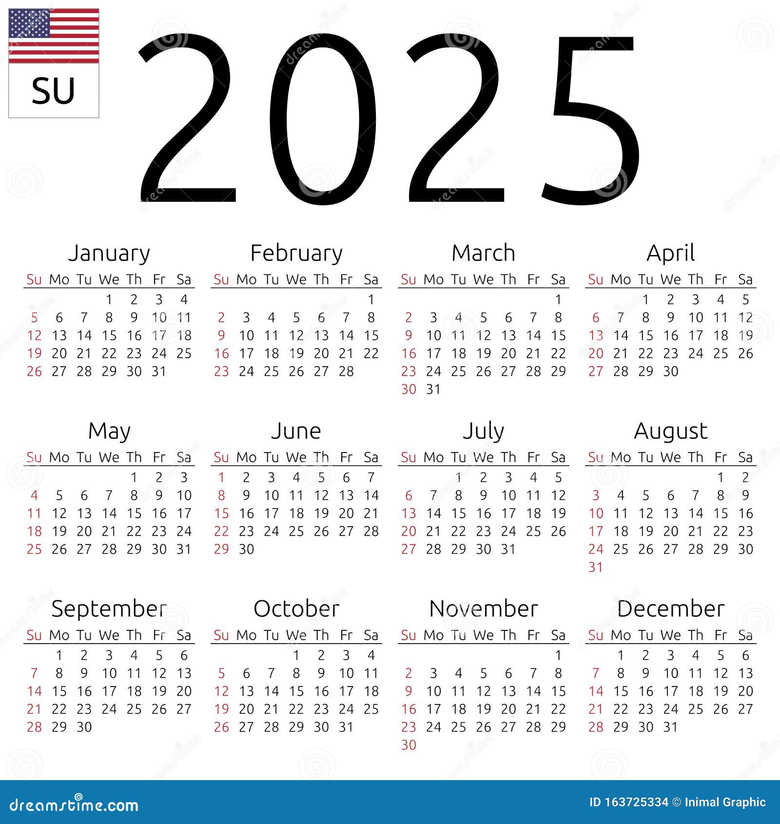 Calendar 2025, English, Sunday Stock Vector - Illustration of clean ...