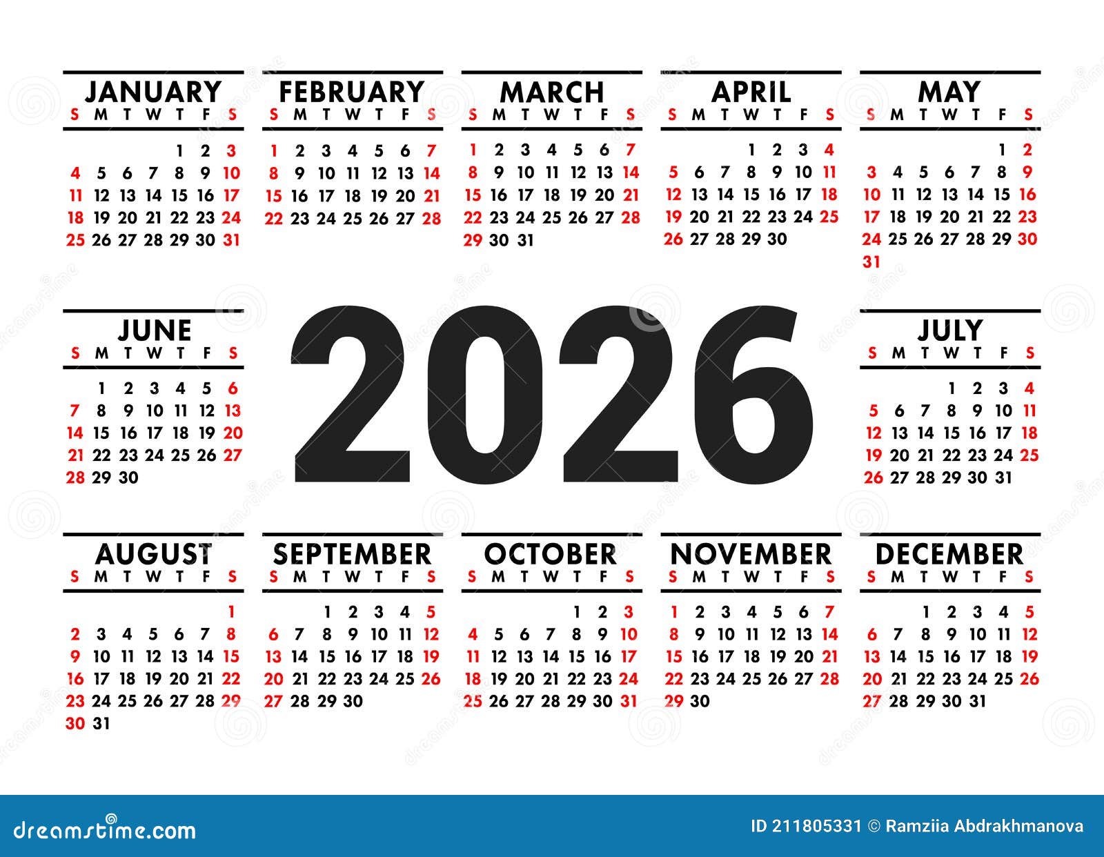 Calendar 2026. English Vector Horizontal Wall Or Pocket Calender ...