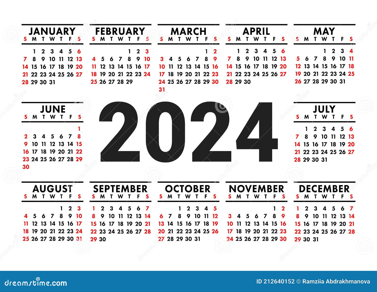 Calendar 2024. English Vector Horizontal Wall or Pocket Calender
