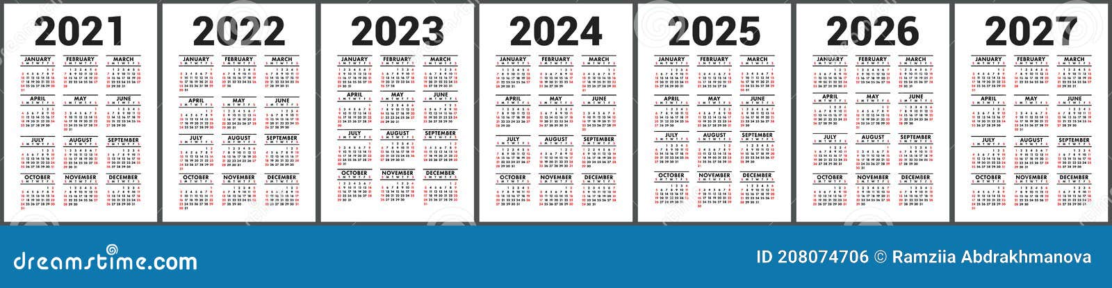 Calendar 2021, 2022, 2023 And 2024, 2025, 2026 And 2027. English Vector