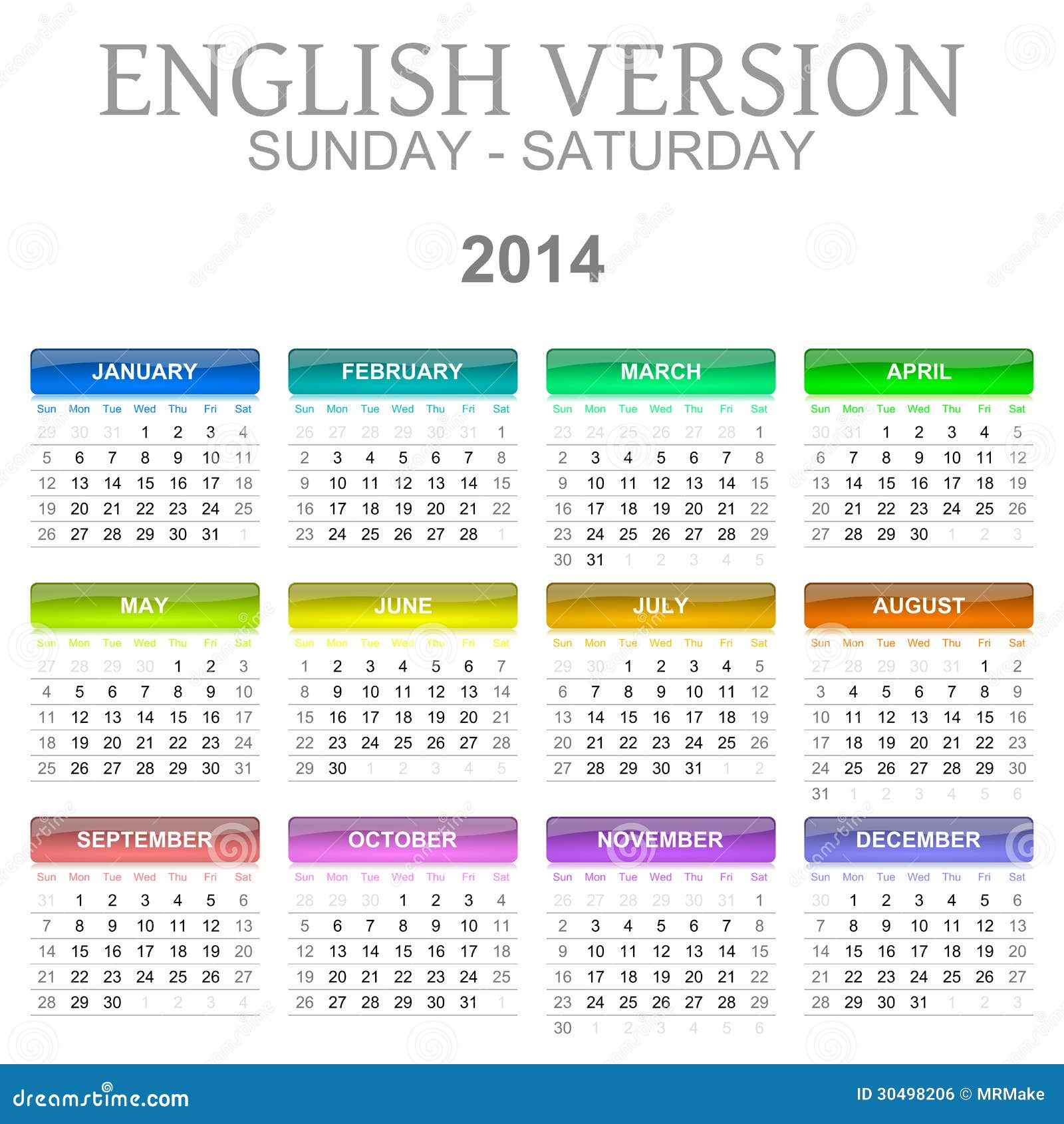 2014 Calendar English Version Sun ï¿½ Sat Stock Illustration ...