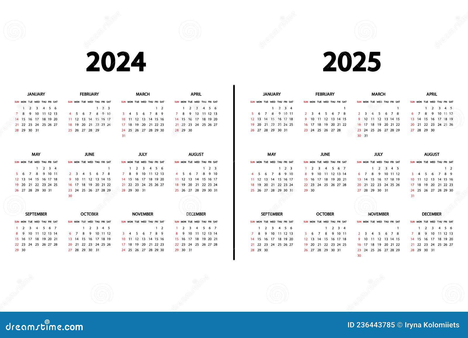 Calendar English 2025 And 2025 Years. The Week Starts Sunday. Annual