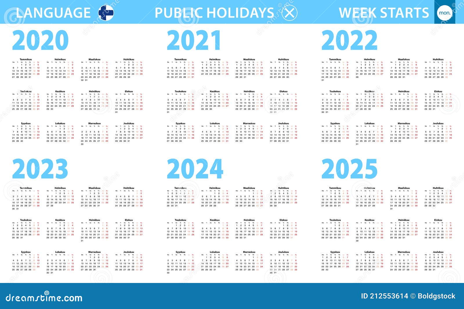 Calendar in Finnish Language for Year 2020, 2021, 2022, 2023, 2024