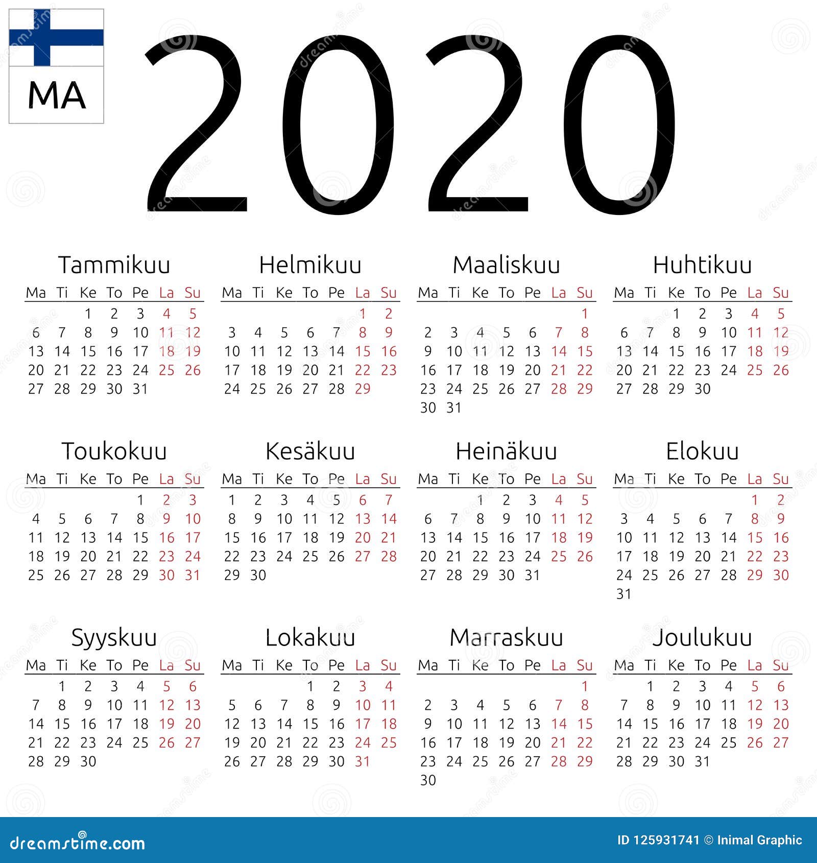 Calendar 2020, Finnish, Monday Stock Vector - Illustration of holidays