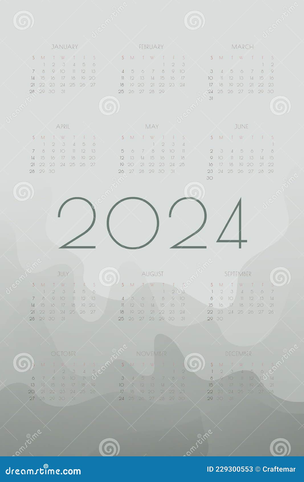 2024 Calendar with Fog Gray Gradient Fluid Wave Stock Vector