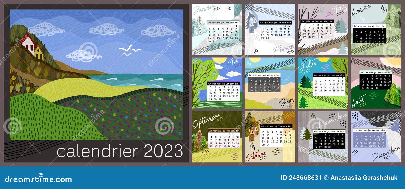 Calendar 2023 in French Language. Colorful Monthly Calendar with Calendar 2023 in French Language. Colorful Monthly Calendar with