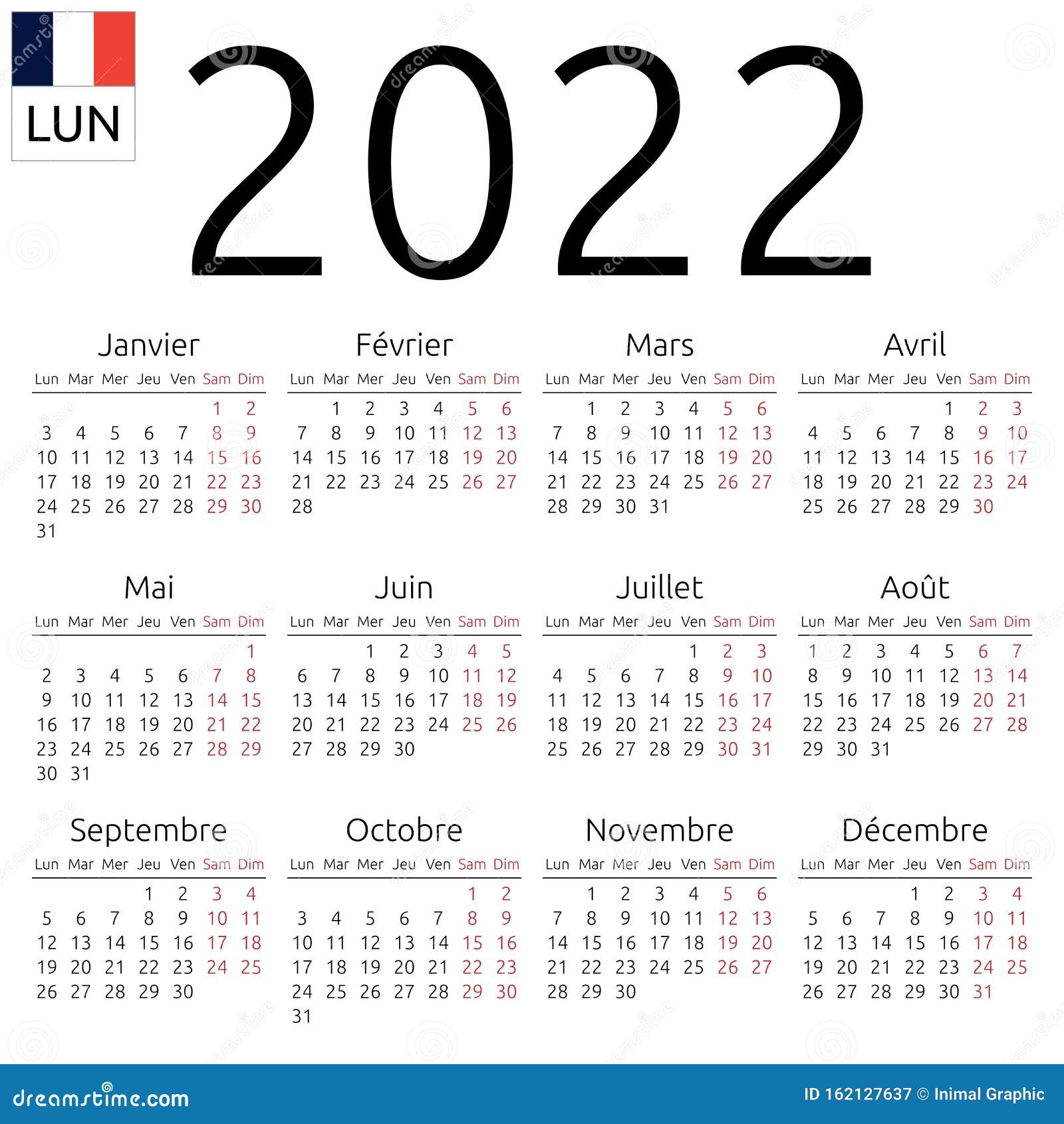 French Calendar 2022 Calendar 2022, French, Monday Stock Vector - Illustration Of Layout,  Annual: 162127637