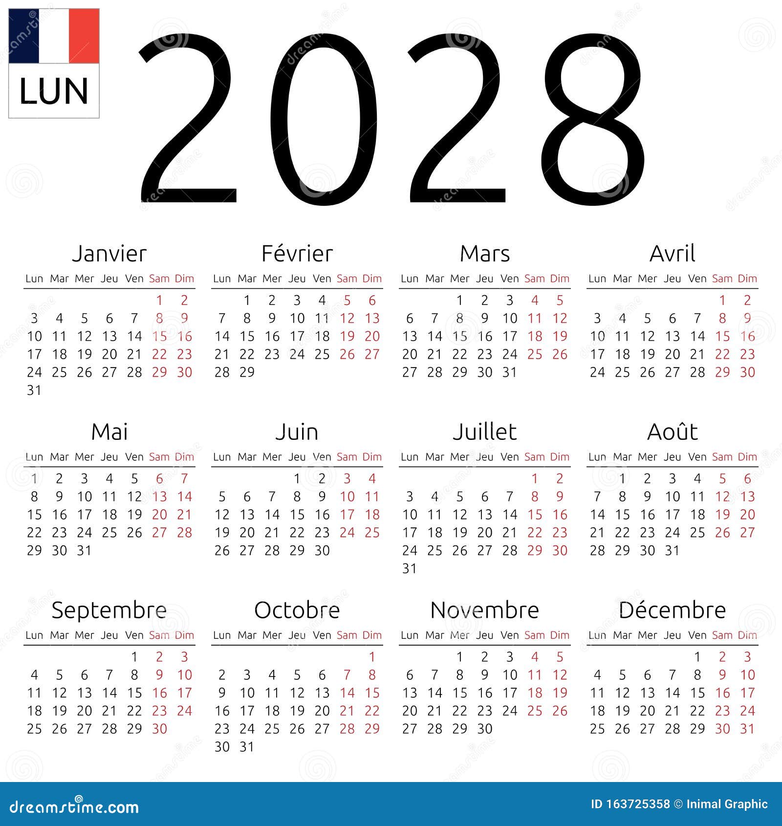 Calendar 2028, French, Monday Stock Vector - Illustration of highlight