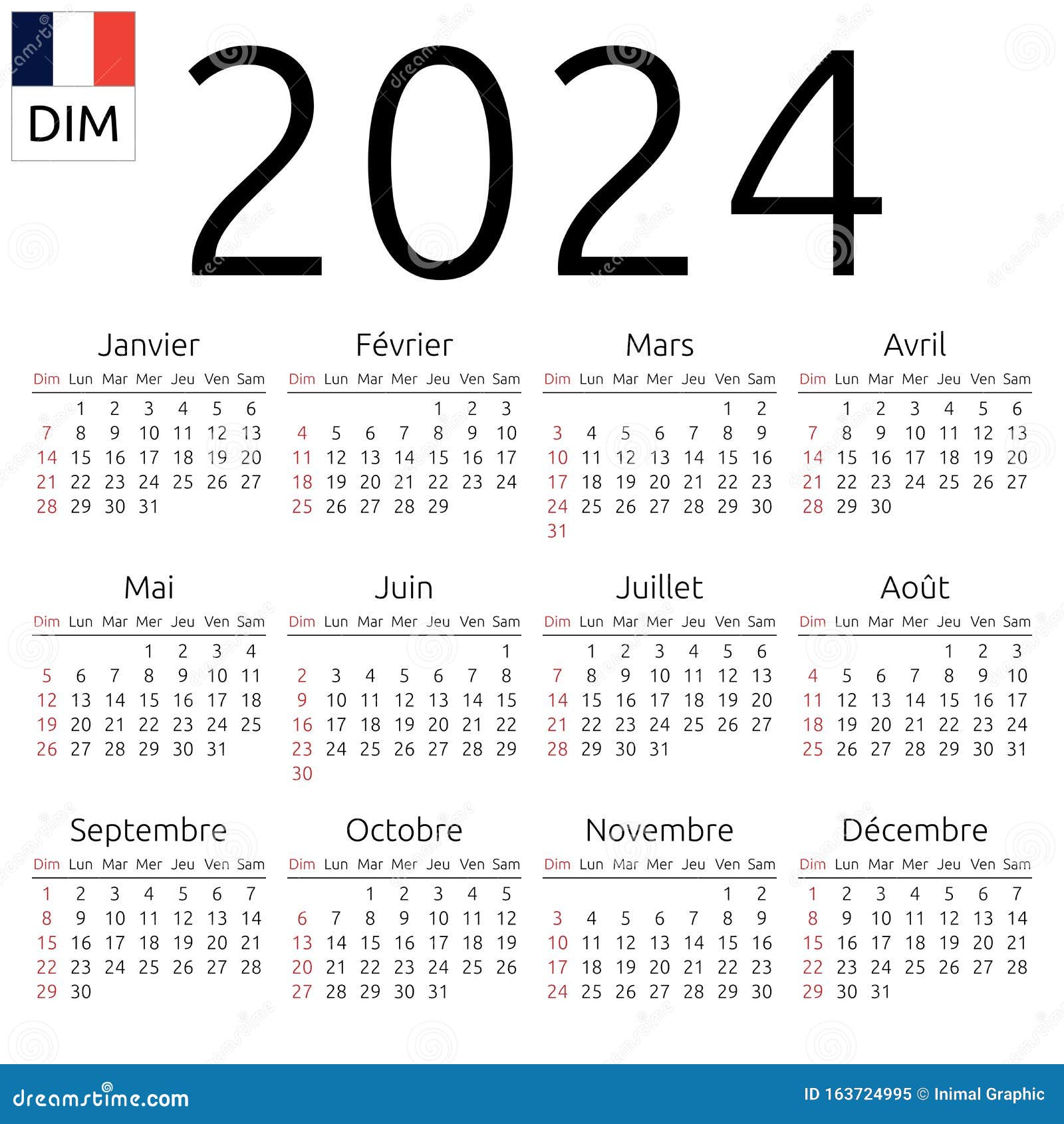 Calendar 2024, French, Sunday Stock Vector Illustration of calendar