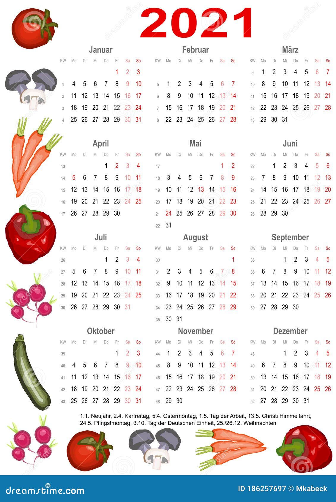 Calendar 2021 For Ger With Various Vegetables Stock Vector Illustration Of Holiday Design 186257697