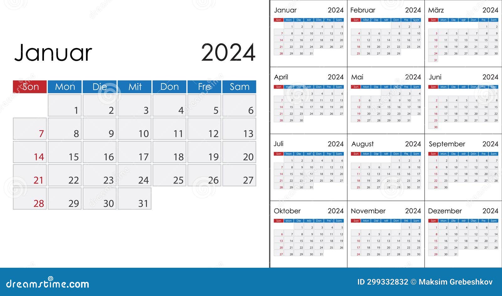 Calendar 2024 on German Language, Week Start on Sunday Stock