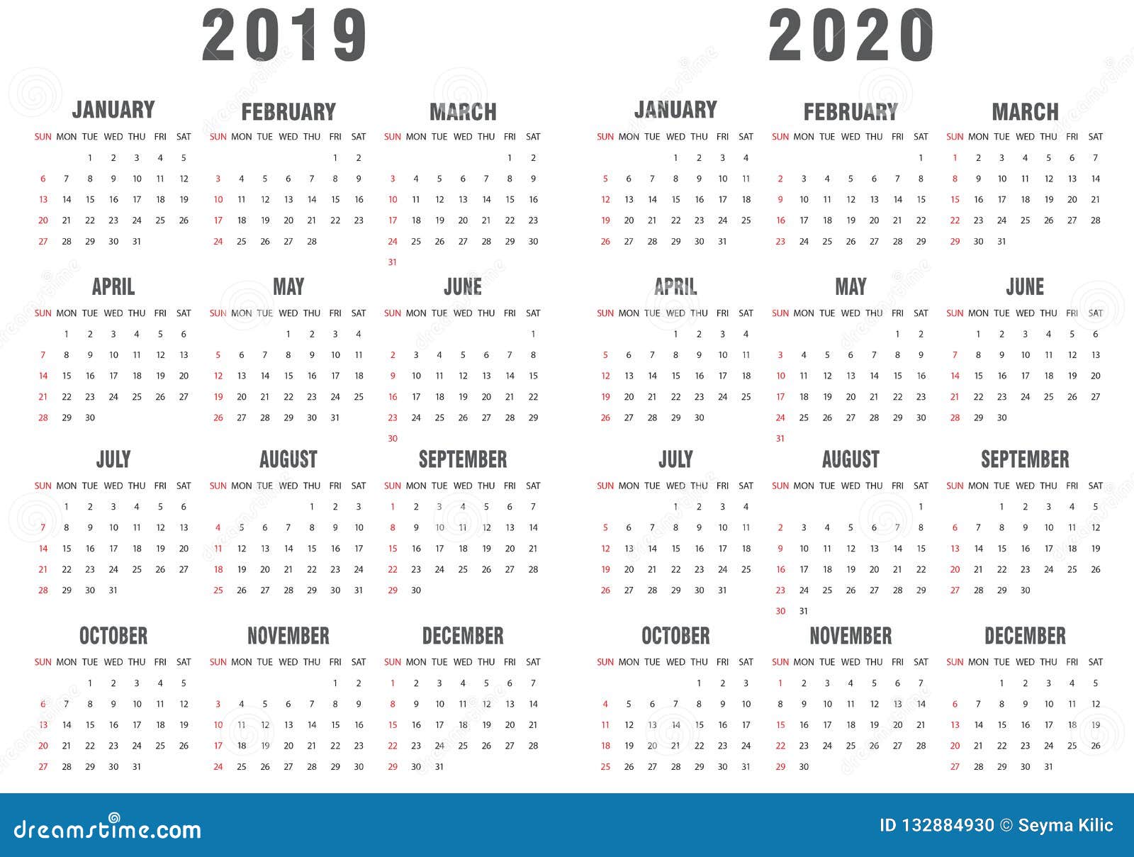 2019-2020 Calendar Gray And White Stock Vector - Illustration Of Template, White: 132884930