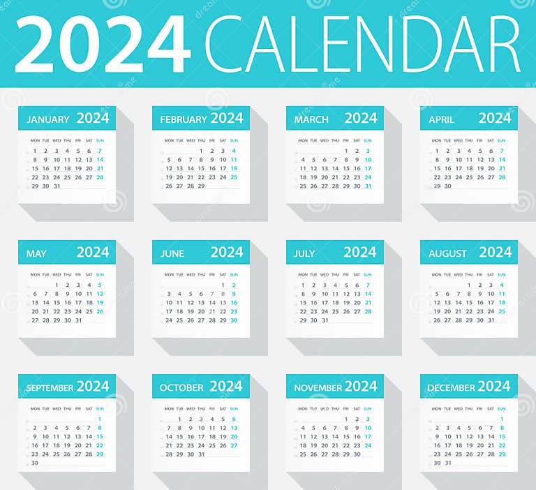 2024 Calendar Green Leaves Set Vector Illustration Stock Vector