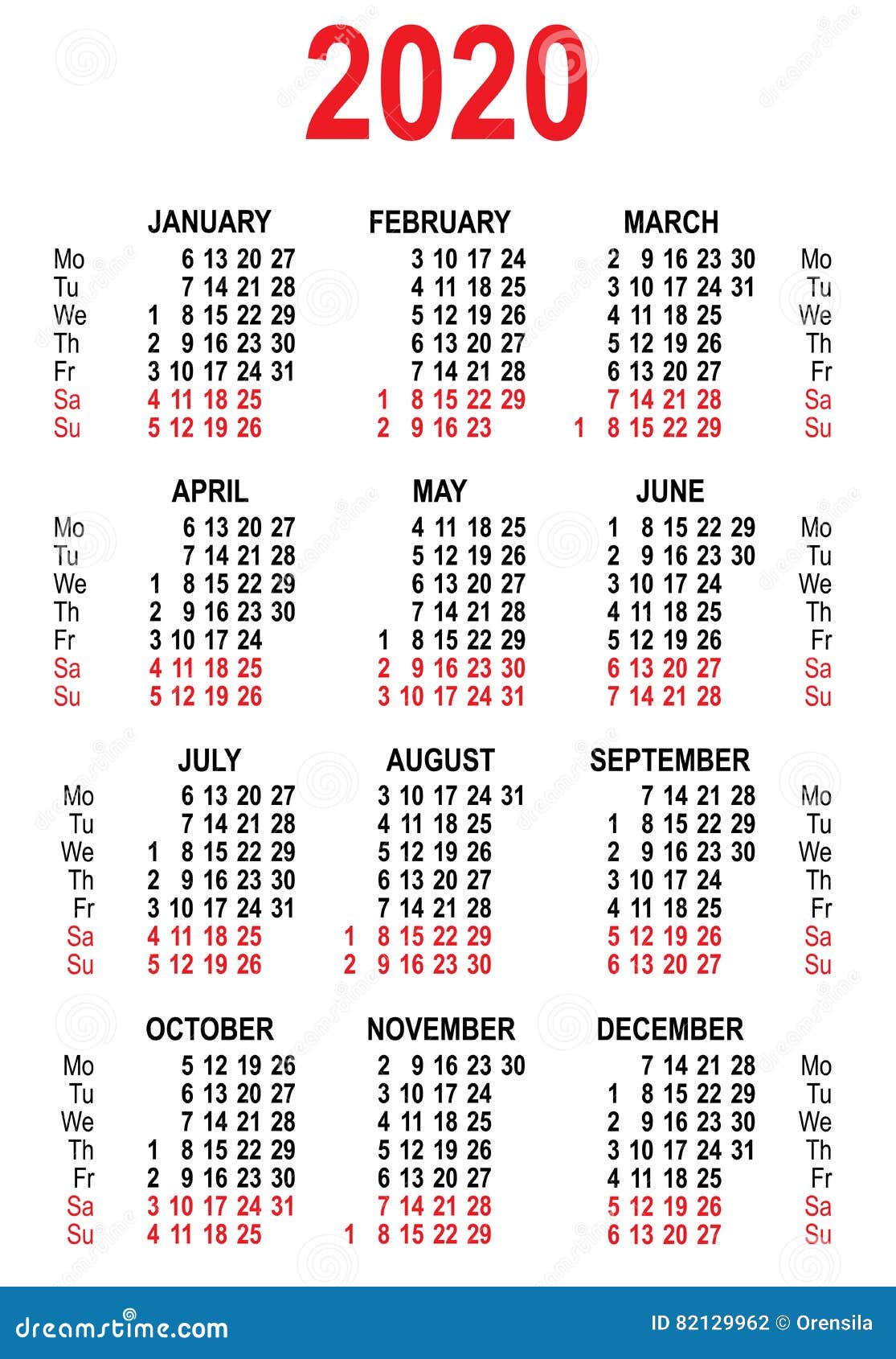 Calendar 2020 Grid Template Stock Vector Illustration of Calendar 2020 Grid Template Stock Vector Illustration of