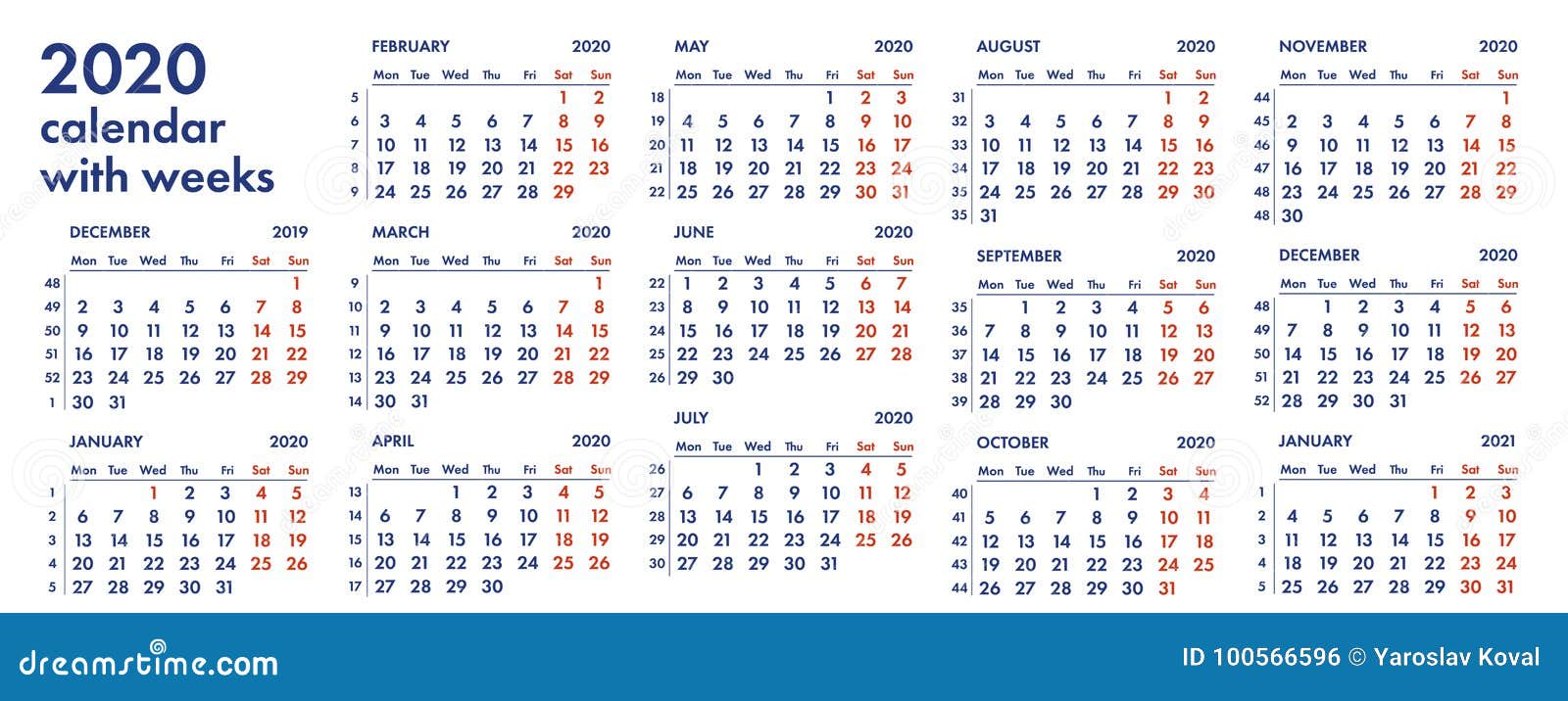 2020 Calendar Grid With Weeks Illustration Stock Illustration