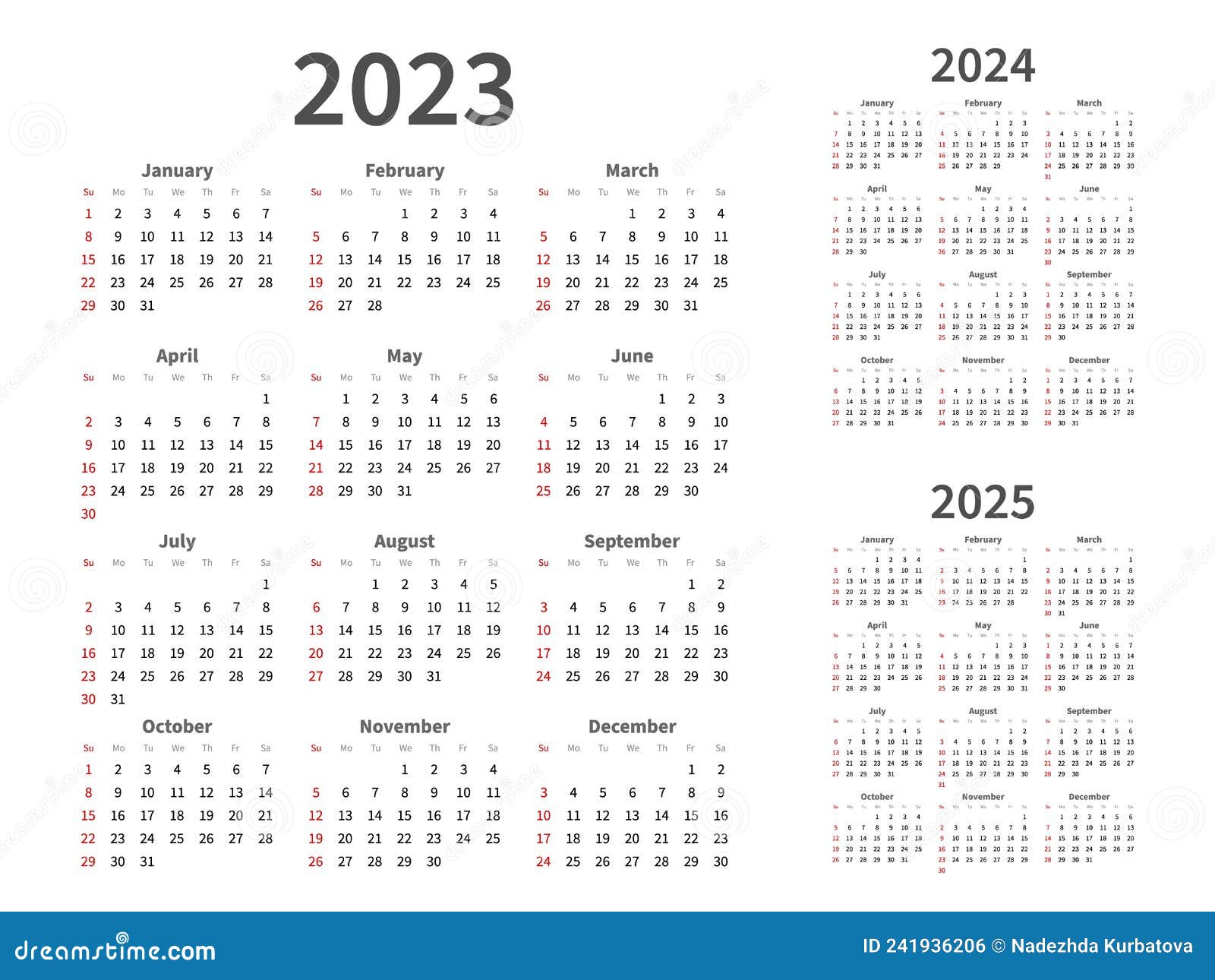 Calendar Grid. 2023, 2024, 2025 Years Graphic Planning. Simple Minimal