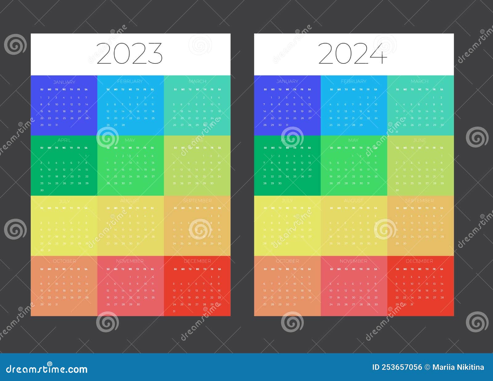 Calendar Grid for 2023 and 2024 Years. Simple Vertical Template. Week