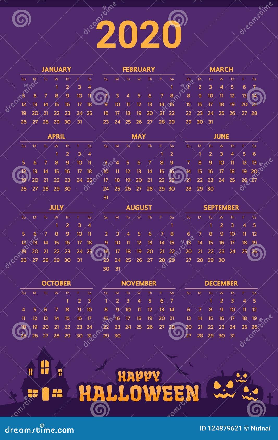 que dia es halloween 2020 2020 Calendar With Halloween Theme Vector Stock Vector Illustration Of Month August 124879621 que dia es halloween 2020