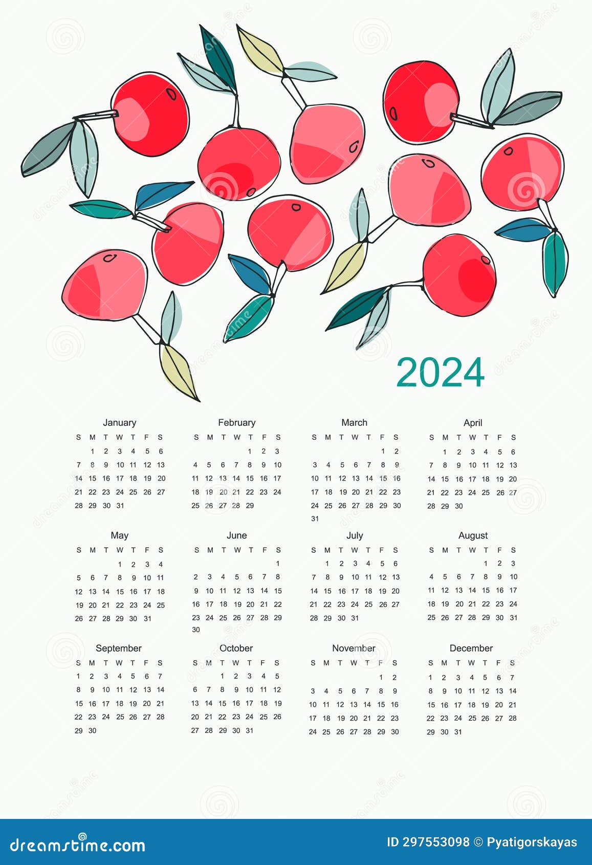 Calendar 2024 with Hand Drawn Apples on Bright Background Stock Vector