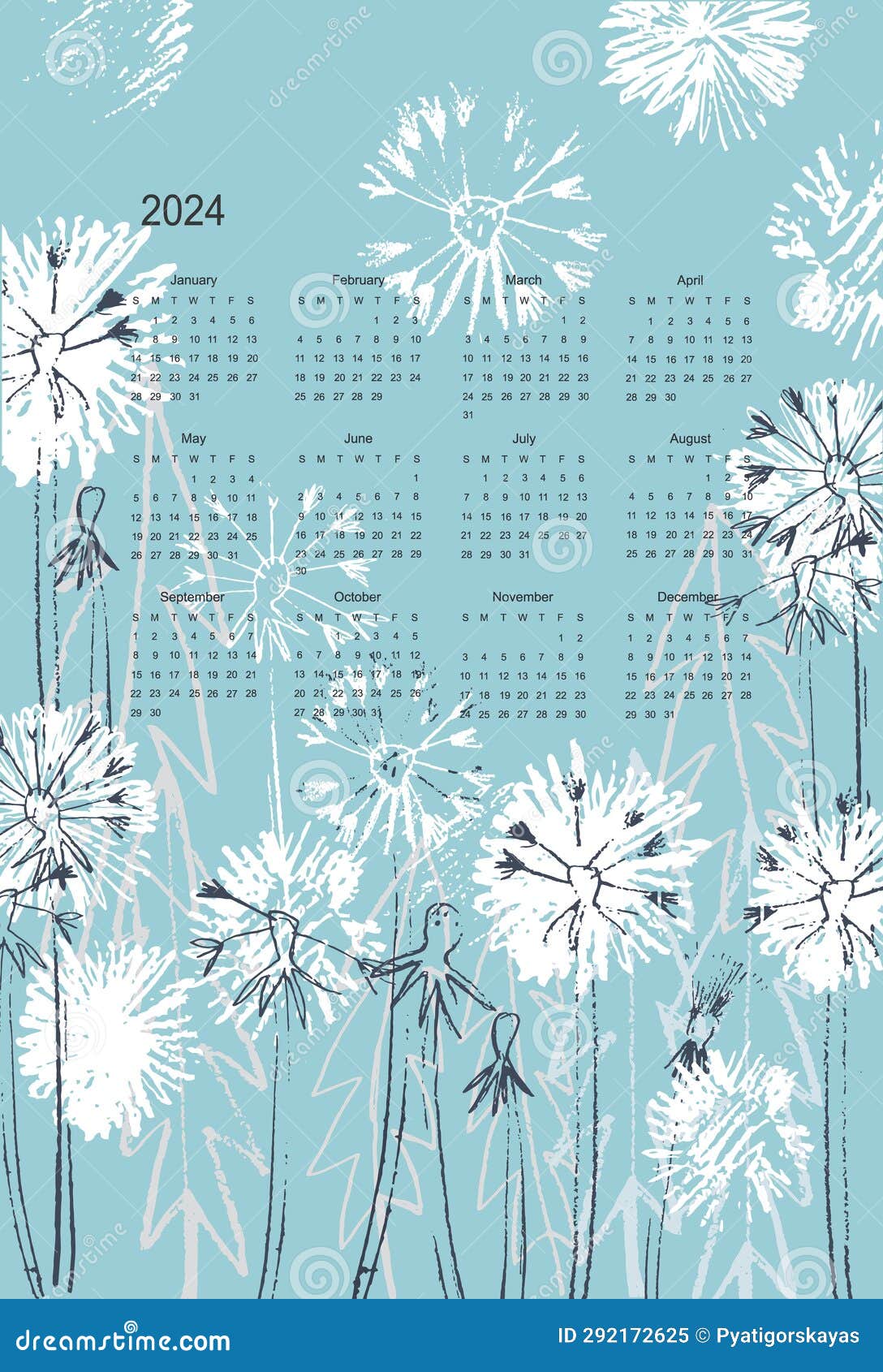 Calendar 2024 with Hand Drawn Fluffy Dandelion Flowers Stock