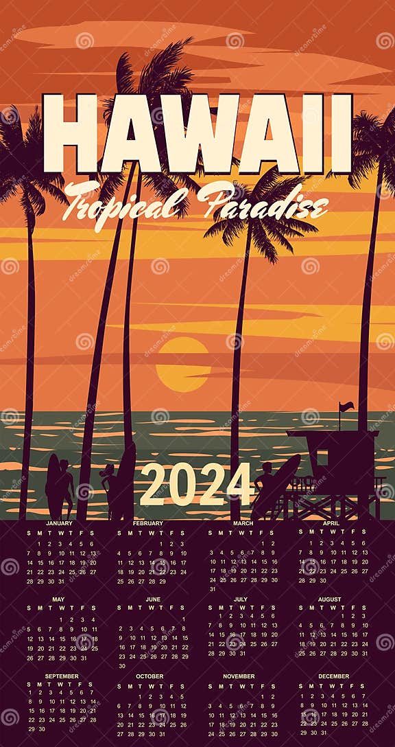 Calendar 2024 Hawaii Vintage Wall Travel Poster Stock Illustration