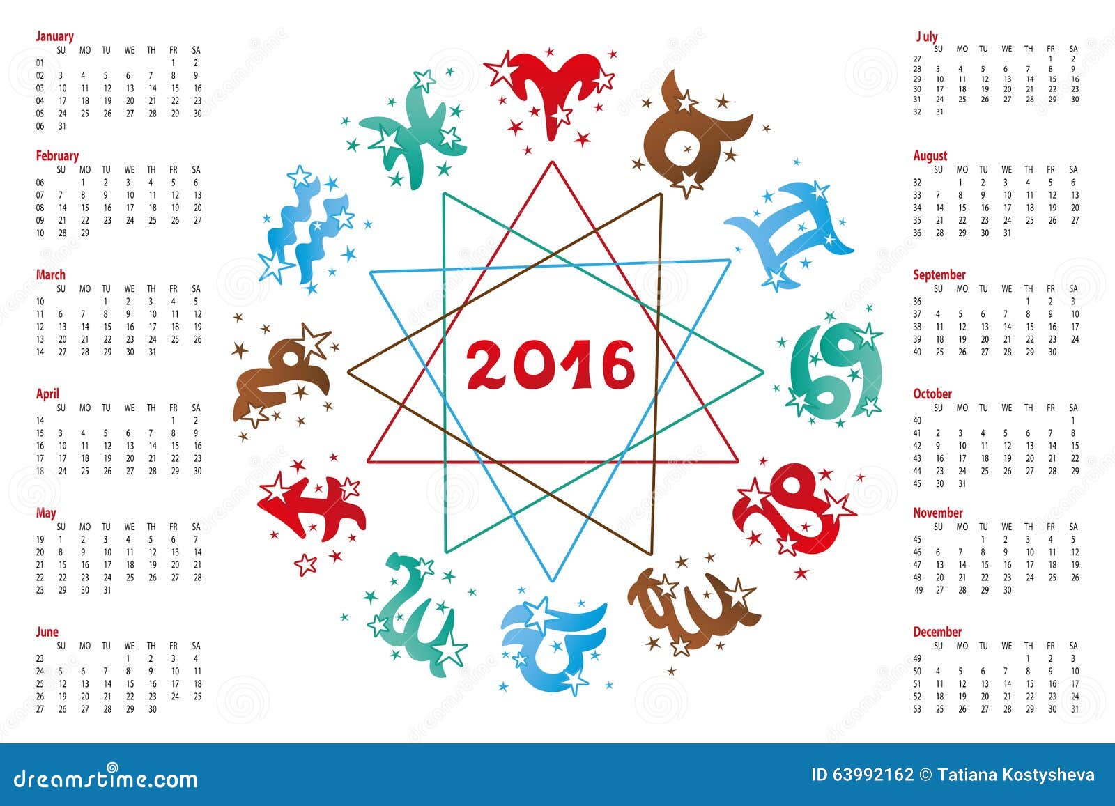 Calendar 2016.Horoscope Zodiac Sign Stock Vector - Image: 639921621300 x 957