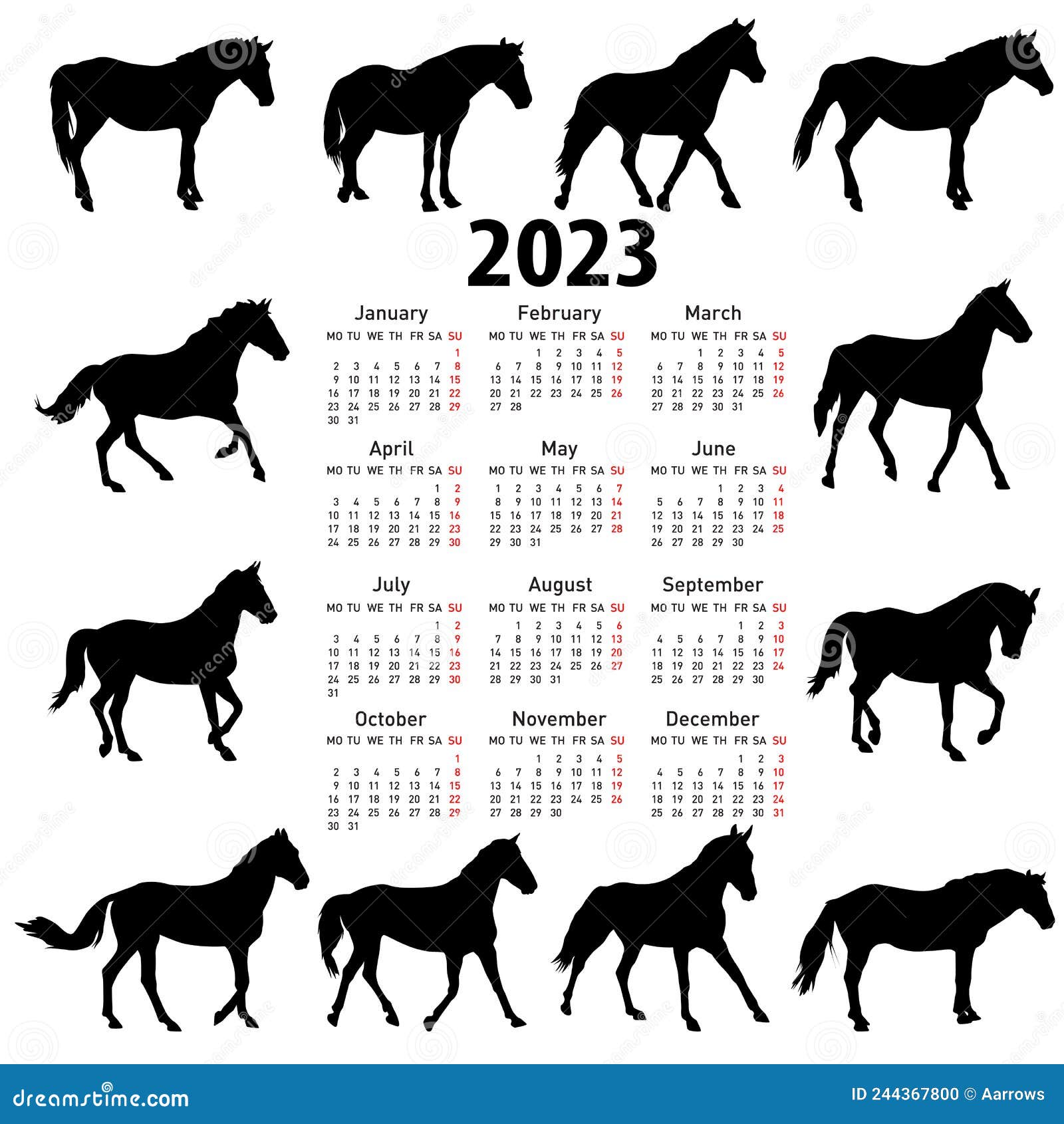 Calendar for 2023 of Horse Silhouettes Isolated on White Background