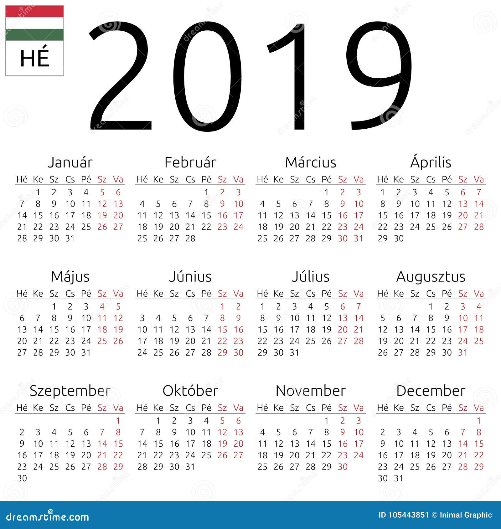 Calendar In Hungarian Language For Year 2020, 2021, 2022, 2023, 2024
