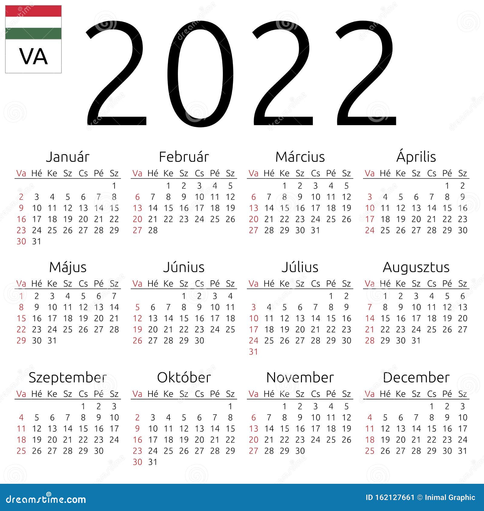 Calendar 2022, Hungarian, Sunday Stock Vector Illustration of