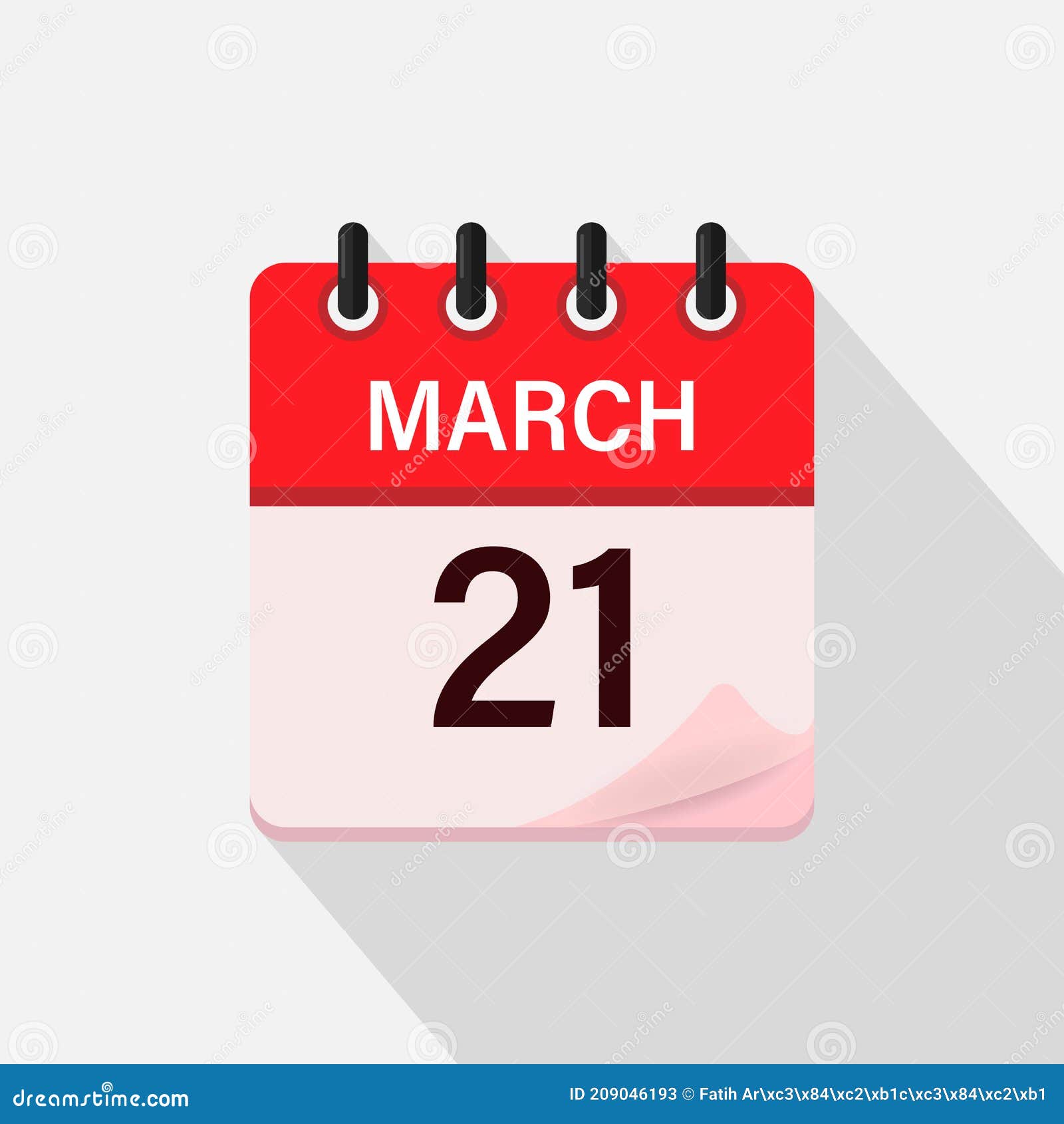 March 21, Calendar Icon with Shadow. Day, Month. Flat Vector