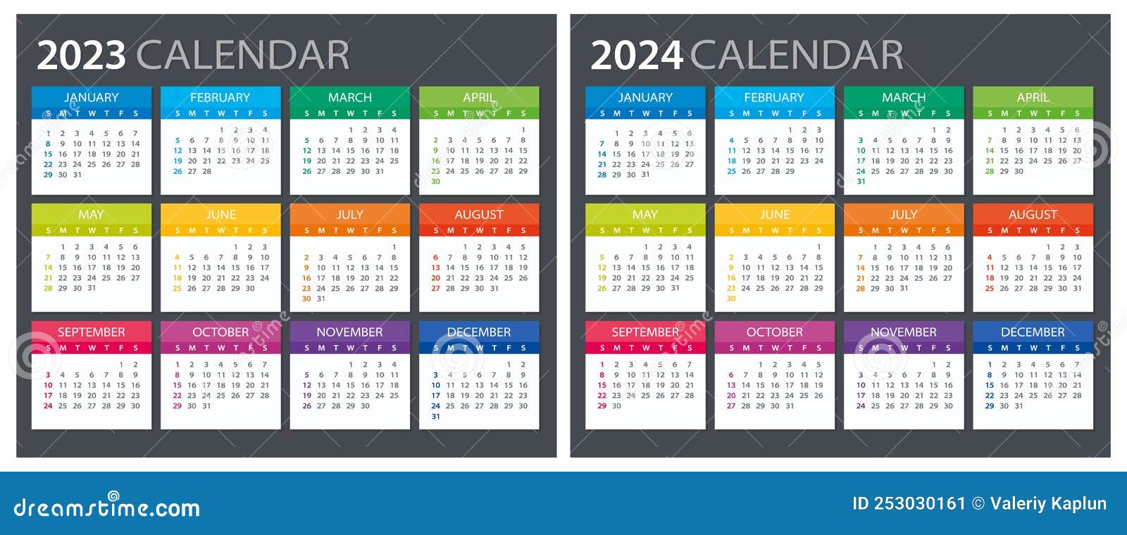 2023, 2024 Calendar - Illustration. Template. Mock Up Week Starts