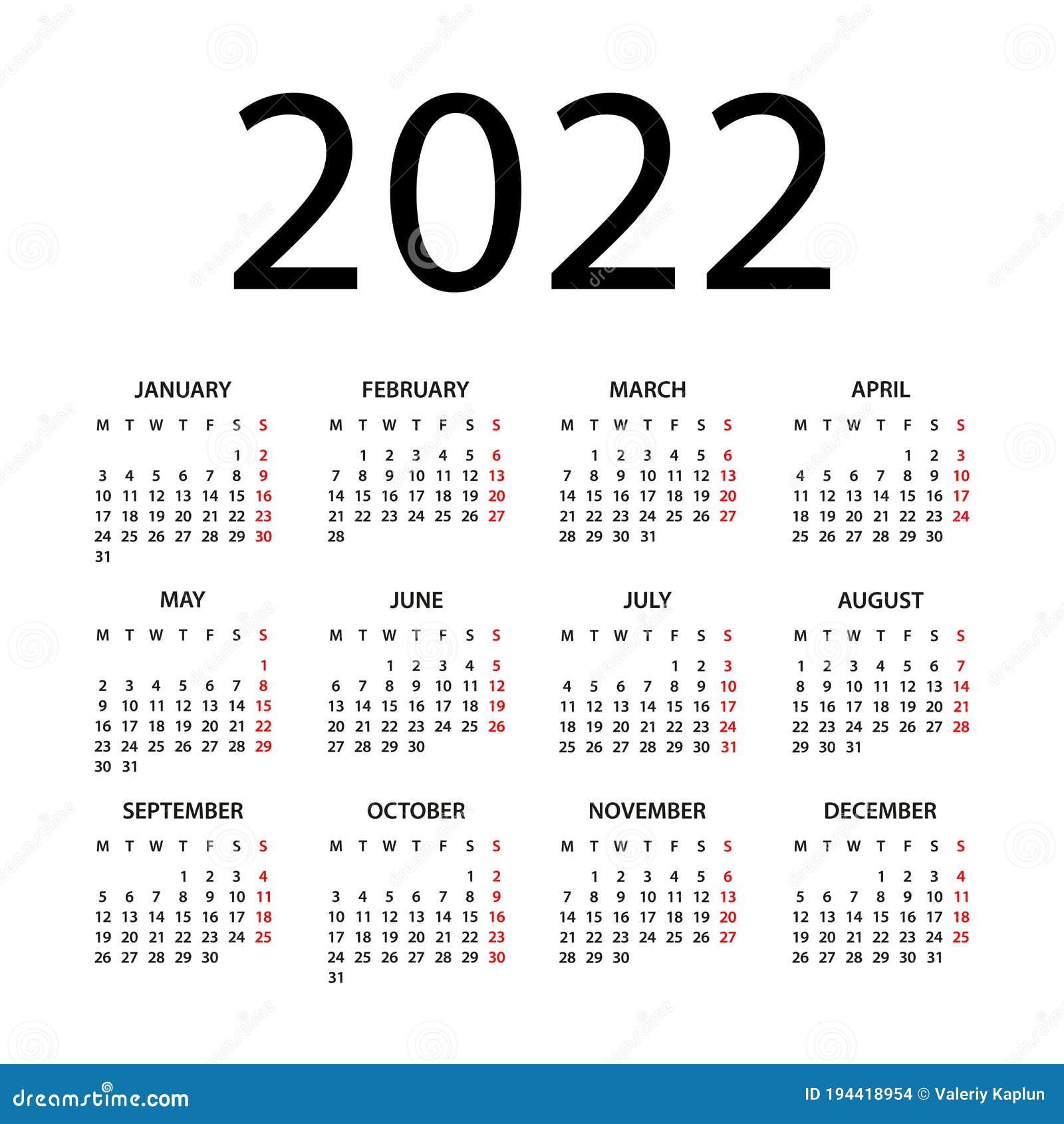 Calendar 2022 Illustration Week Starts On Monday Calendar Set For 2022 Year Stock Illustration Illustration Of Year Portrait 194418954