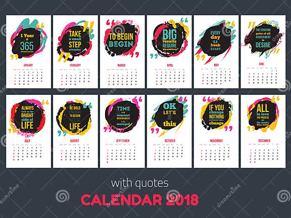 Calendar with Inspiring Quotes 2018, Bright Colorful Year Template 