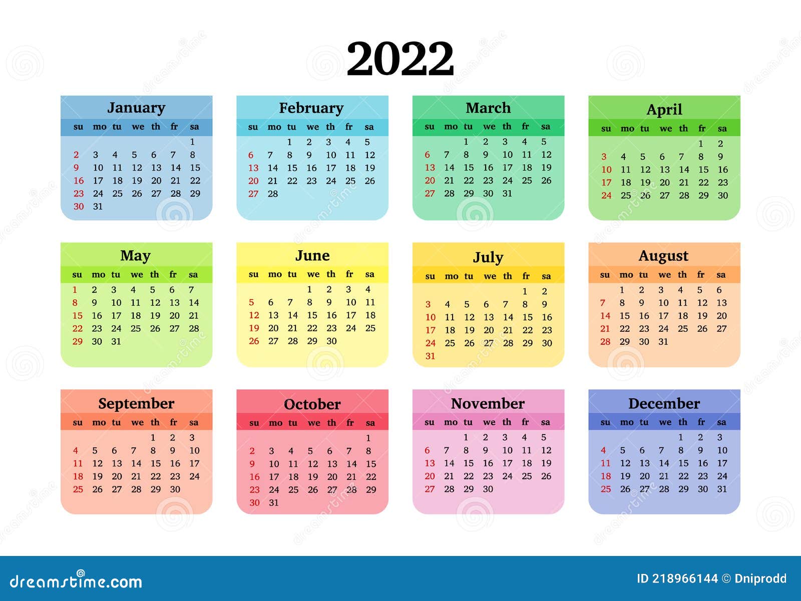 Calendar For 2022 Isolated On A White Background Stock Vector - Illustration Of Wall, Sunday: 218966144