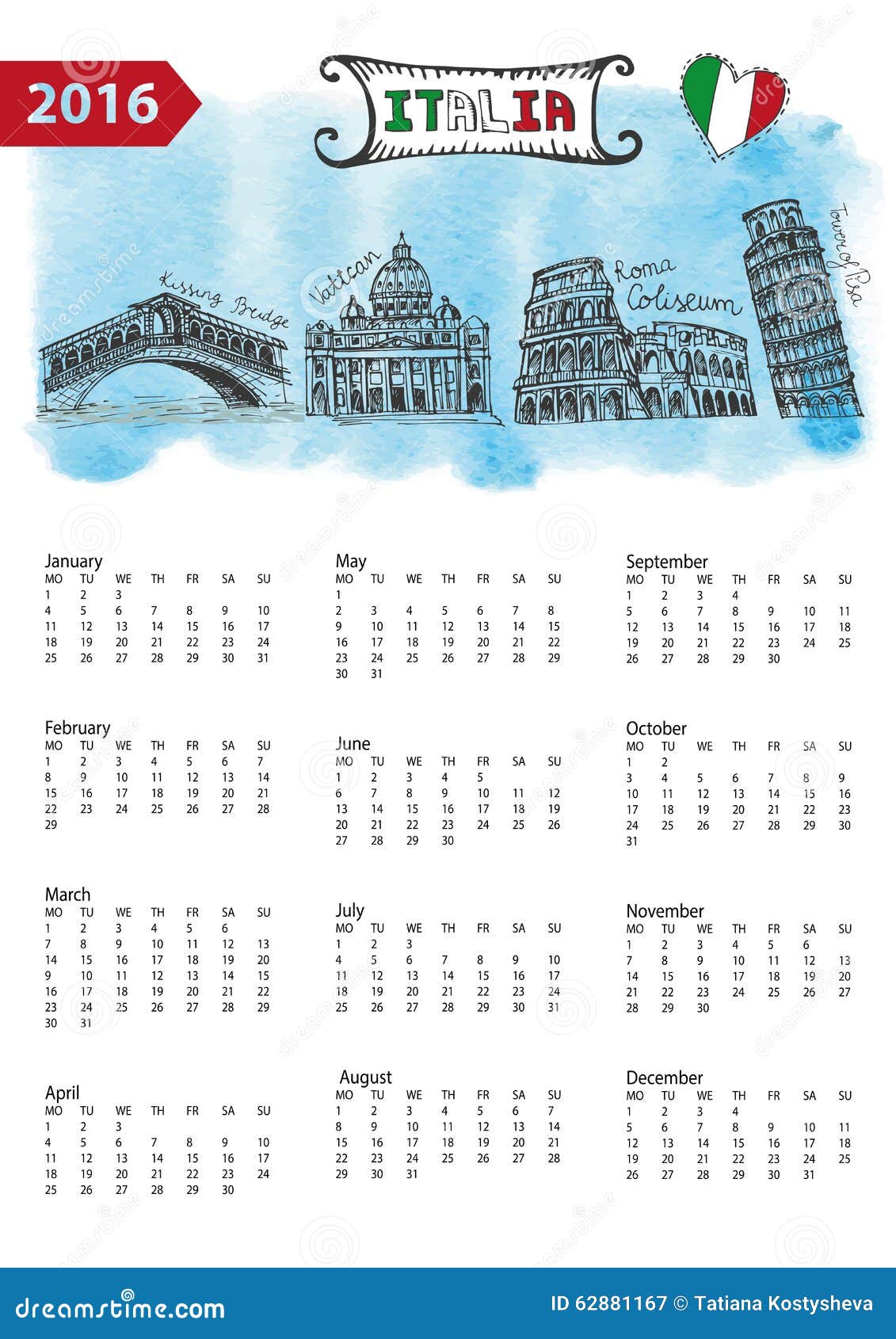 Calendar 2016.Italy Landmarks Skyline,watercolor Stock Vector