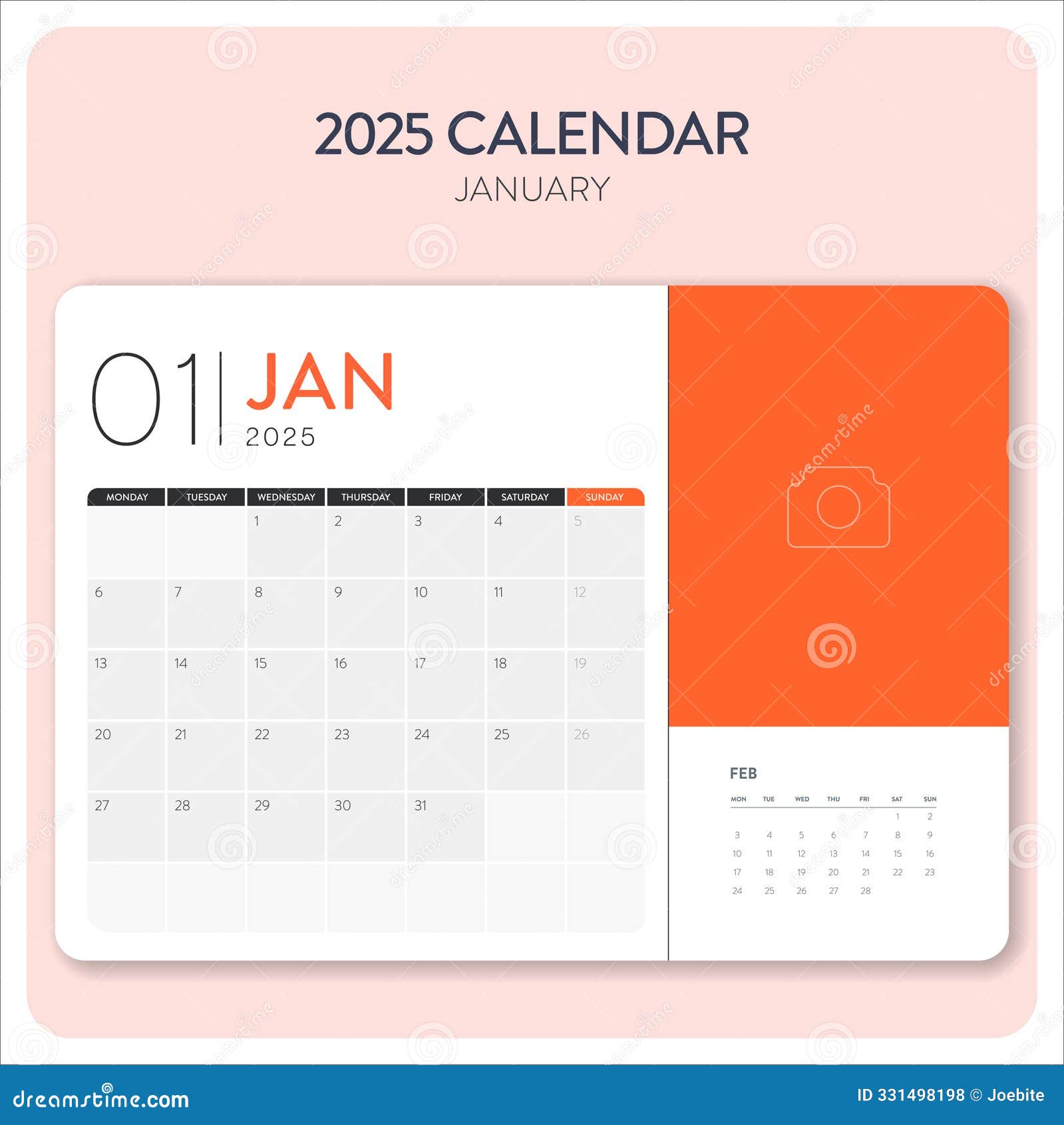 Calendar January 2025 Template Vector. Desk, Wall Calendar for Print, Digital Calendar or