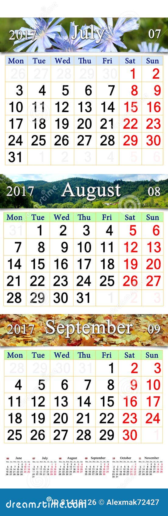 calendar for july august september 2017 with three colored