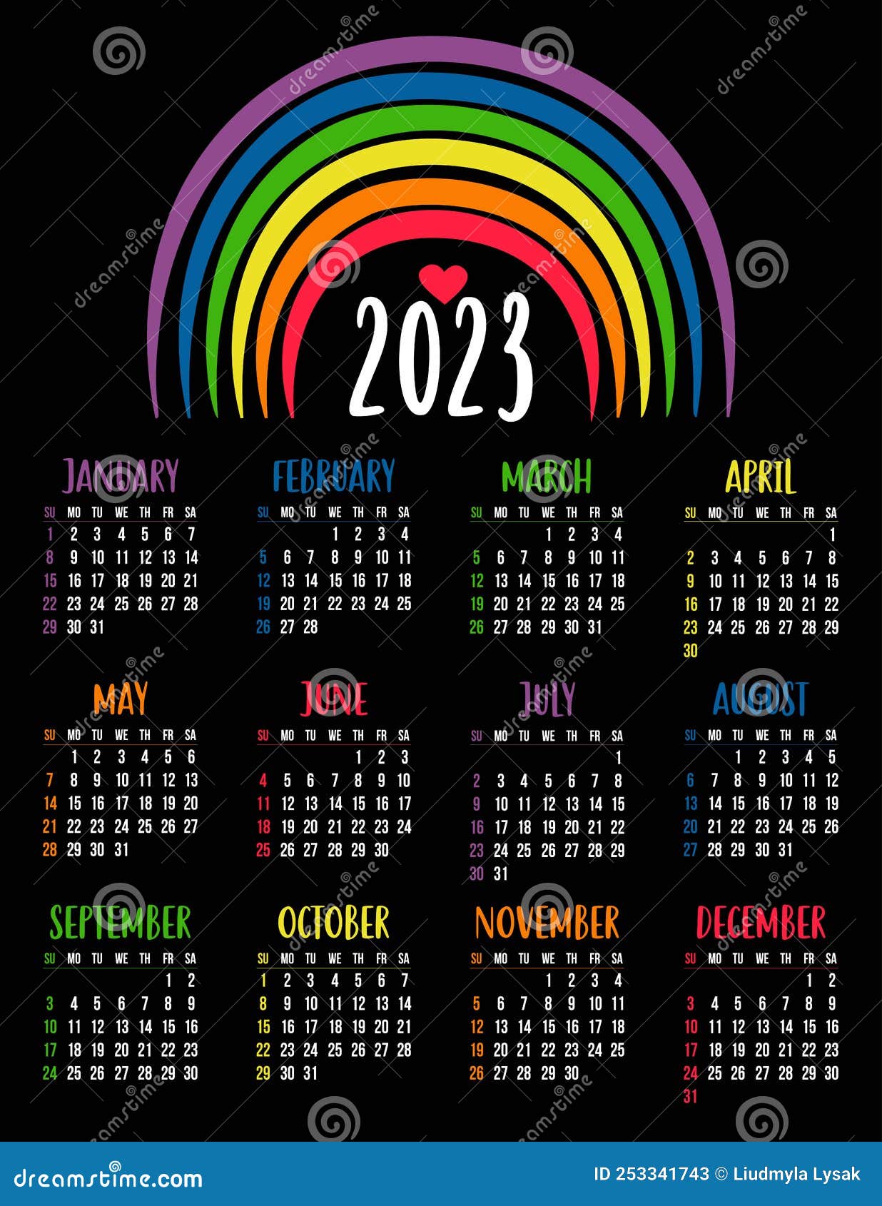 Calendar 2023 with LGBTQ Symbol with Rainbow. LGBT Flag Rainbow Colors