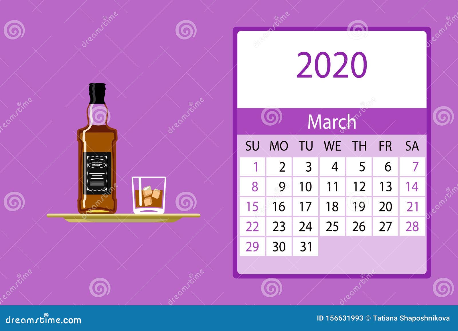 calendar 2020. march monthly calendar decorated with cute whiskey bottle