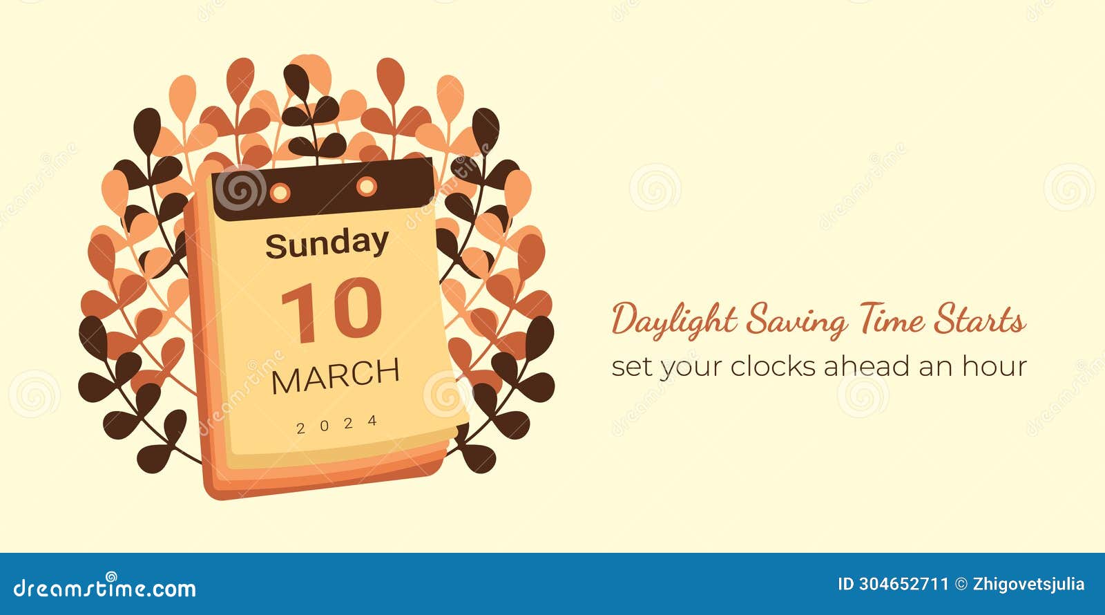 Calendar 10 March 2024 in Spring Forward Banner. Daylight Saving Time