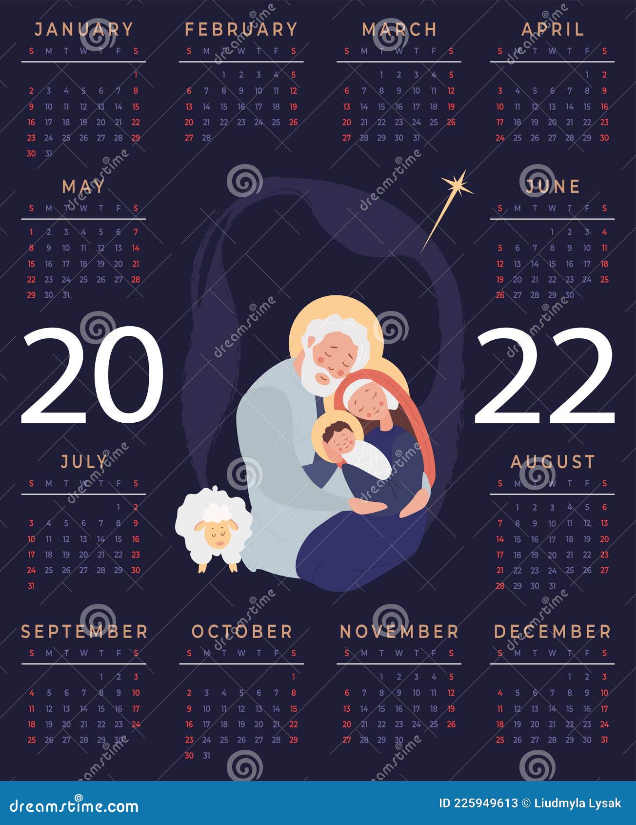 Calendar 2022. Merry Christmas. Holy Family Virgin Mary And Joseph. The Birth Of The Baby Savior Jesus Christ. Vector Stock Vector - Illustration Of Sunday, Year: 225949613