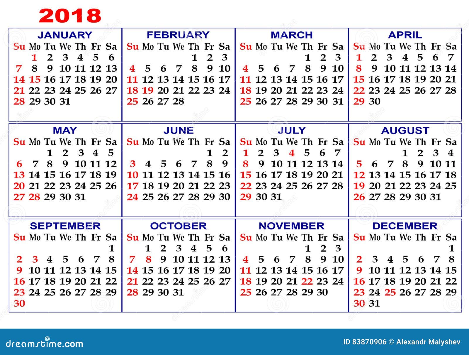 Calendar for 2018. stock illustration. Illustration of event - 83870906