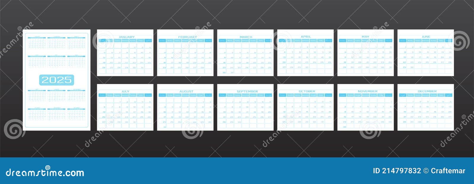 2025 Calendar in Minimalistic Urban Trendy Style. Set of 12 Months