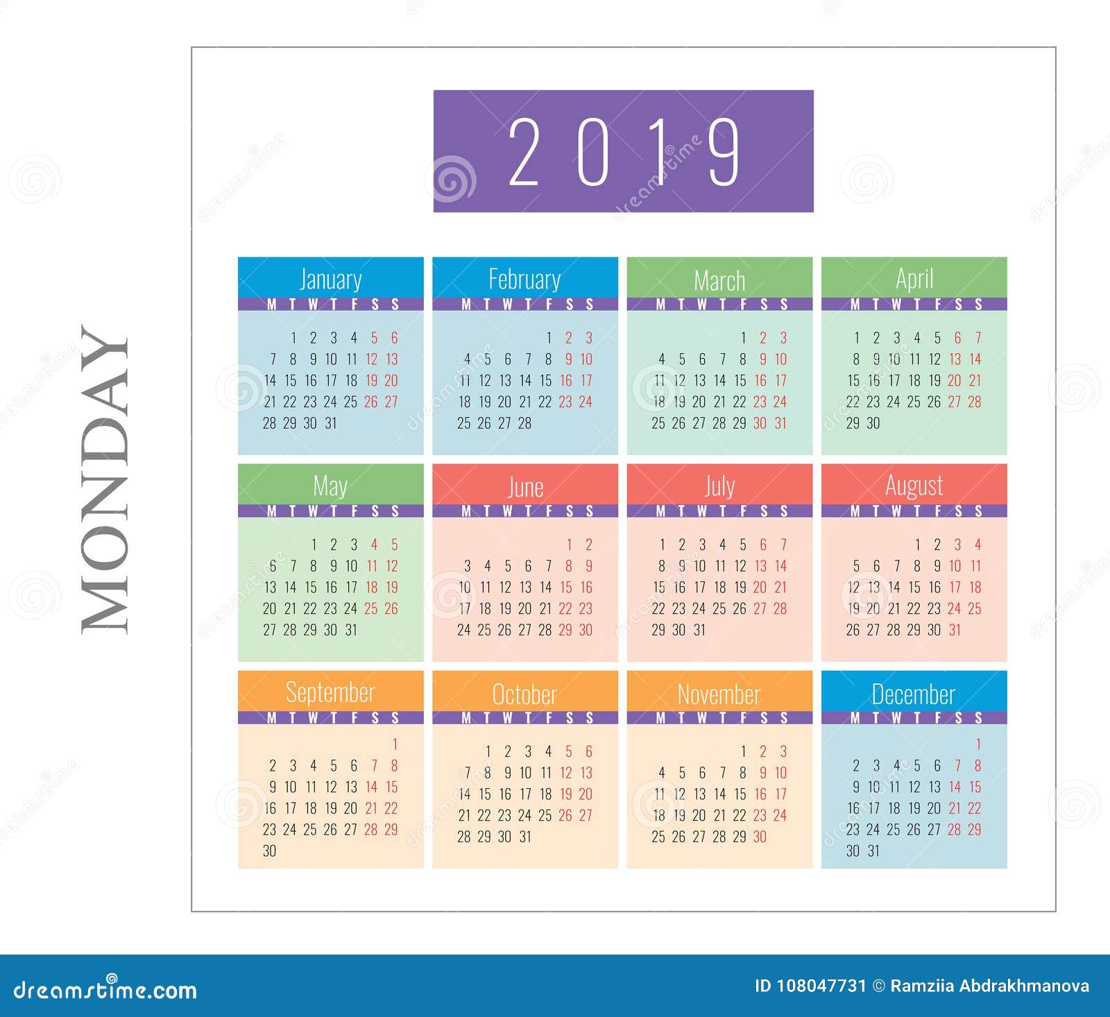 calendar 2019 monday start week template stock illustration calendar monday start